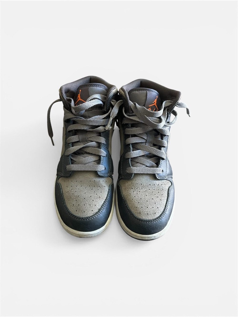 Jordan Gray and Dark Gray Mid-Top Sneakers with Orange Jumpman
